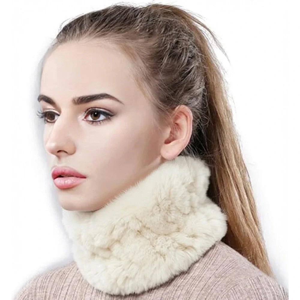 MSRP $26 Lupidyyxun Women's Beige Real Rabbit Fur Headband Scarf Knitted Neck